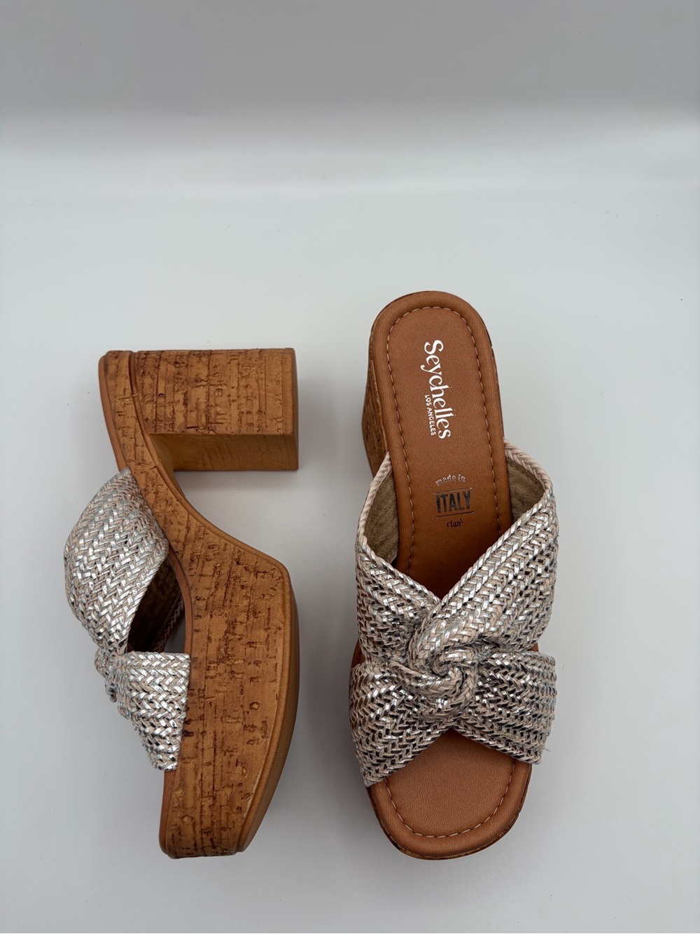Seychelles Adorned Anthropologie Silver Raffia Platform Slide Sandals Size 10 - Picture 3 of 12